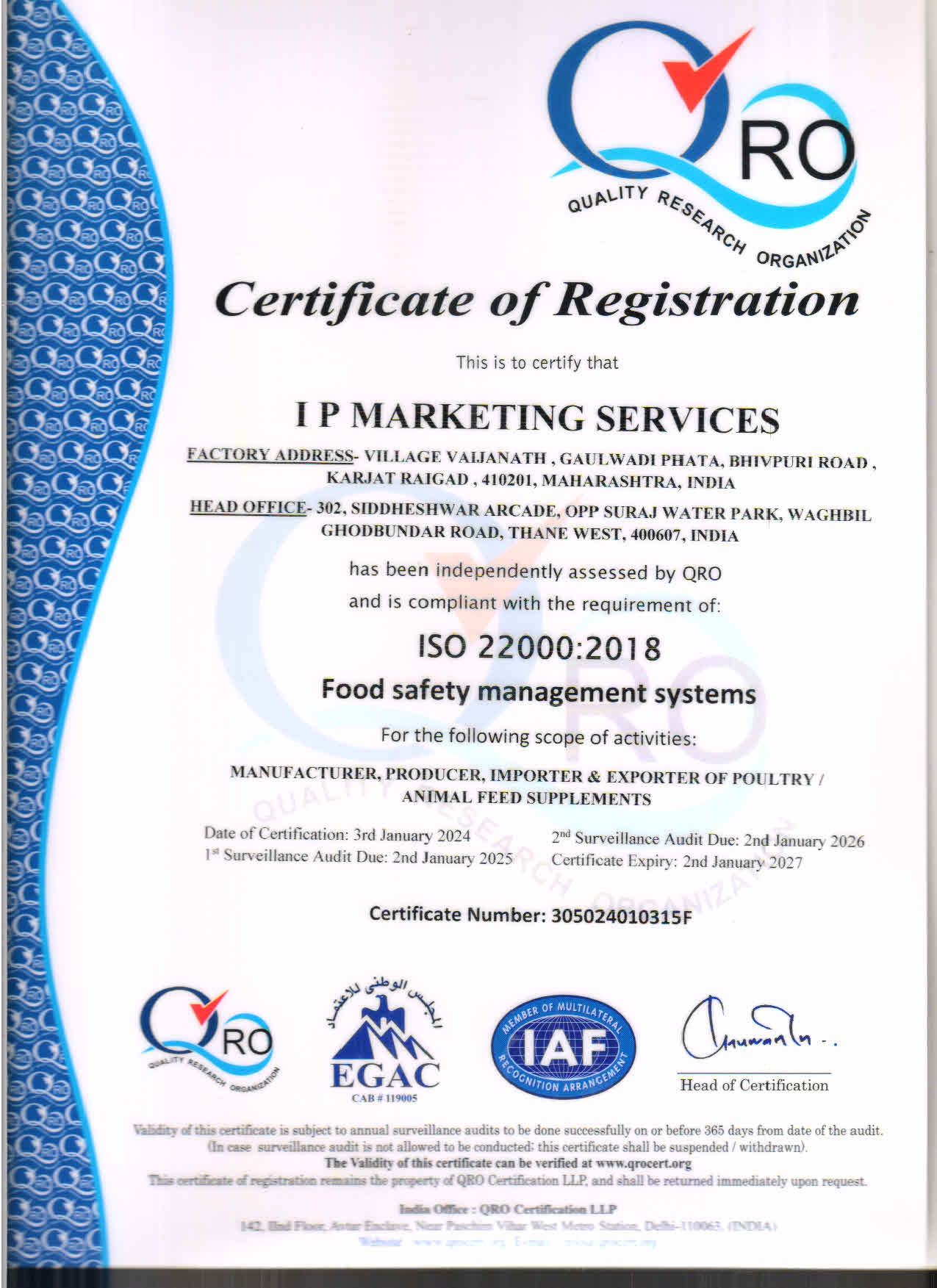 ISO 22000:2018 Certificate